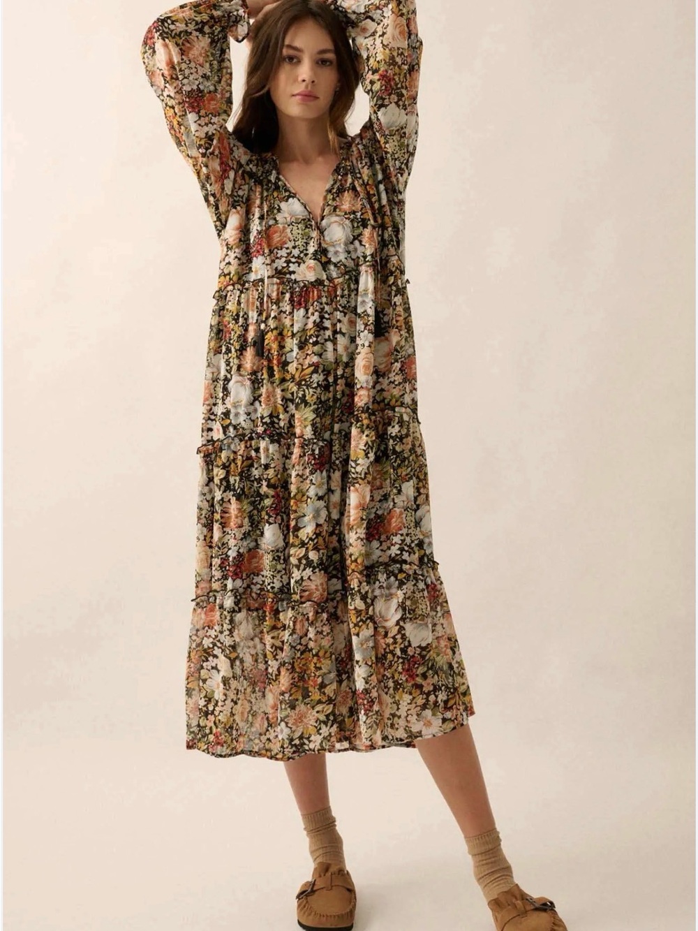 Zara Floral Tiered Midi Dress in Black, Cream & Rust